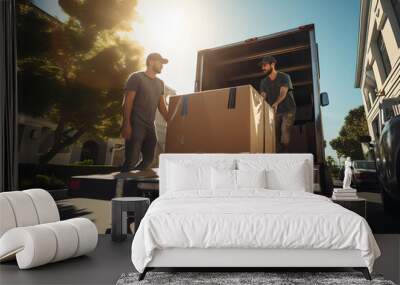 Two young adults movers carrying cardboard boxes in delivery van and talking with his coworker. Wall mural