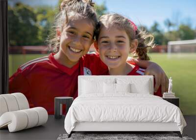 Two young woman soccer player smiling and hugging on a sunny field, symbolizing friendship and teamwork Wall mural