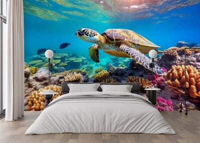 Underwater wildlife panorama Coral reef with wild sea turtles and fish, tropical ocean underwater life. Sea Turtle swimming along tropical coral reef, Wall mural