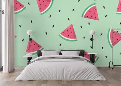 Watermelon slices seamless pattern background illustration. Colorful juicy summer tropical vector pattern Wall mural