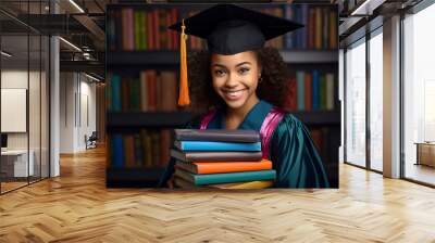 Young woman in graduation cap and gown holding a stack of books, smiling proudly in a library, symbolizing academic success and a love for learning Wall mural