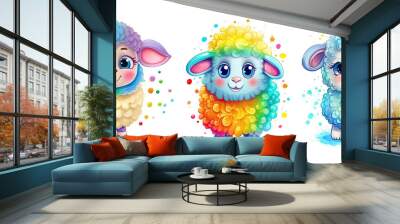 Cute Happy Sheep, Colorful, Watercolor Sheep. Generative AI Wall mural