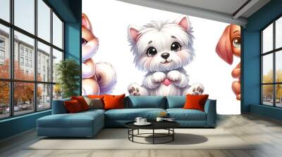 Dogs Giving Heart Hand Sign. Cute Akita, West Highland White Terrier, and Vizsla. Watercolor Clipart, Wall mural