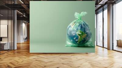 Plastic free reduce waste, planet earth wrapped in a plastic bag green background copy space, reuse recycle environment conservation Wall mural