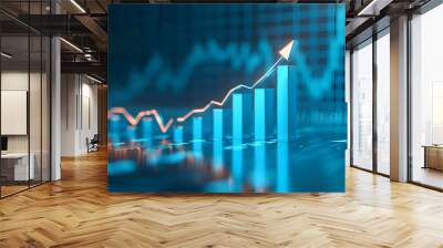 Rising arrow icon business growth 3D bar graph and chart in the background, increasing sales profit, upward market trend, profit return  analysis Wall mural