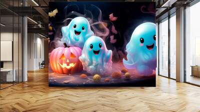 Cute Halloween ghosts with beautiful kind pumpkins in delicate colors.  Wall mural