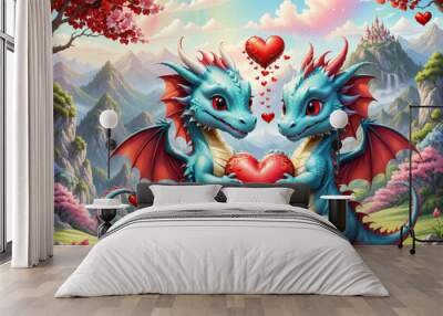 two cute little dragons holding a red heart on a spring background, Valentine's Day . Generated AI Wall mural