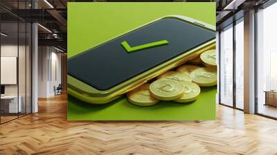 3D mobile phone with check mark and gold coins, online banking, cartoon style Wall mural