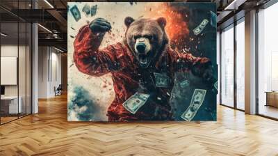 angry bear with human body wearing tuxedo outfit smashing dollar bills Wall mural