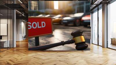 Car auction scene with gavel and SOLD sign in the foreground, sleek cars lined up in the background Wall mural