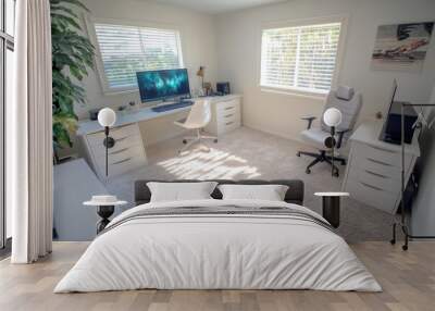 Clean and simple gaming room with a white desk, single monitor, and soft ambient lighting Wall mural