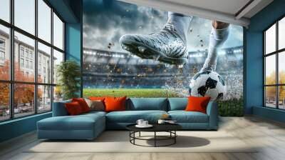 Close-up of a soccer player's boot kicking a ball in action, grassy field in the background, motion blur Wall mural