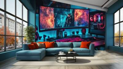 Gaming room with a dark cyberpunk aesthetic, neon accents, and immersive tech gadgets Wall mural