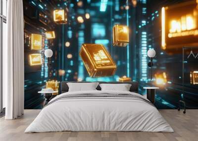 Gold bars floating in a futuristic digital space, symbolizing secure investments Wall mural