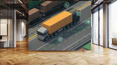 Illustration of delivery truck on highway with cargo container and logistics icons Wall mural