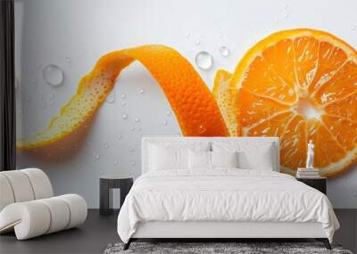 orange peel spiraled with water droplets, vibrant color, minimalist white background Wall mural