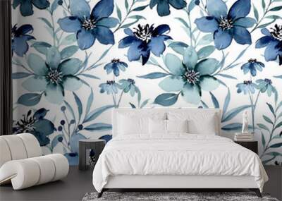 Beautiful blue floral watercolor seamless pattern Wall mural