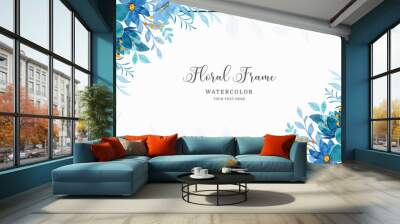 Blue floral frame background with watercolor Wall mural