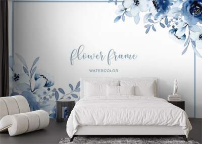 Blue white flower frame with watercolor Wall mural