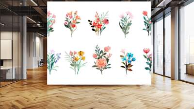 Colorful wild floral bouquet collection with watercolor Wall mural