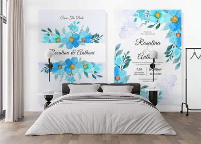 Elegant wedding invitation card with blue floral watercolor Wall mural