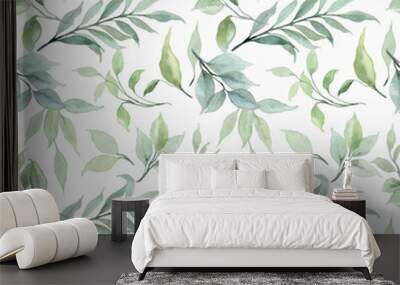 Green leaves watercolor seamless pattern Wall mural