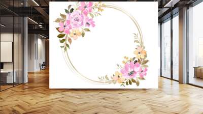 Pink yellow floral watercolor wreath with circles Wall mural