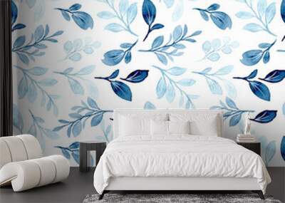 Seamless pattern of blue leaves with watercolor Wall mural