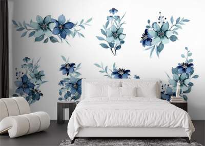 Watercolor blue floral arrangement collection Wall mural