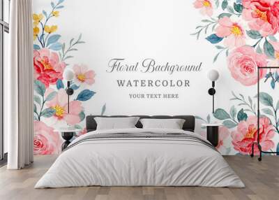 Watercolor floral background. Beautiful red and pink flower frame Wall mural