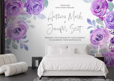 Wedding invitation card with watercolor purple roses Wall mural