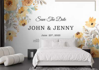 Wedding template with yellow floral watercolor Wall mural