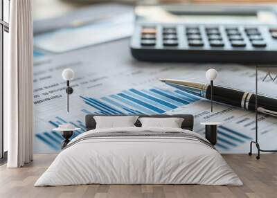 Financial Reports and Calculator on Desk Close-Up Wall mural