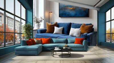 Minimalist interior design of modern stylish living room featuring a blue velvet sofa, modern abstract art, and soft neutral decor in a bright space.
 Wall mural