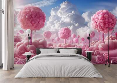 Whimsical candy landscape with pink lollipop trees, surrounded by candy-shaped mounds under a cloudy sky, fantasy world Wall mural