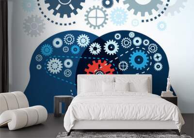 Communication concept. Human two heads with gears. Human brain functioning concept. The uniqueness and complexity of the thought process. Wall mural