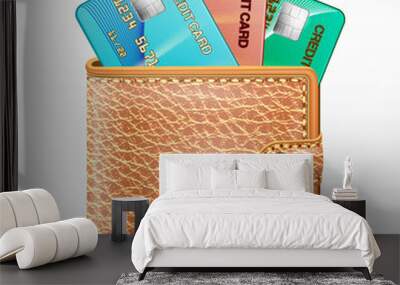 Leather wallet  with credit cards on a white background. Vector Wall mural