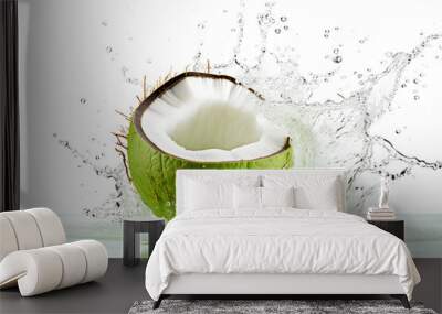 Green coconut with water splash isolated on white Wall mural