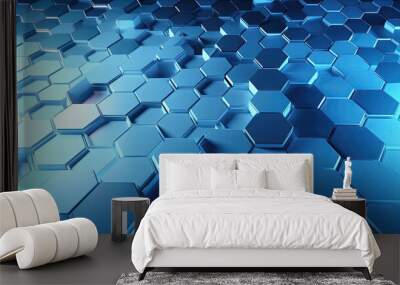 Abstract blue neon hexagons shape and lines with science concept background. Generative AI Wall mural