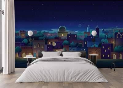 Ancient arab city with market and palace in desert at night. Flat cartoon illustration of sand area with traditional yellow houses, antique castle, islamic mosque buildings, palms. Eid al adha concept Wall mural