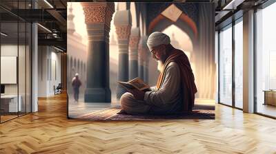 muslim old man praying on a starry and crescent moon moon night. Ramadan concept. Eid mubarak, Eid al adha, hajj and muharram islamic year concept. Generative AI Wall mural