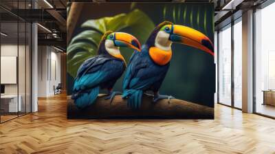 Two toucan tropical bird sitting on a tree branch in natural wildlife environment in rainforest jungle. Generative AI Wall mural