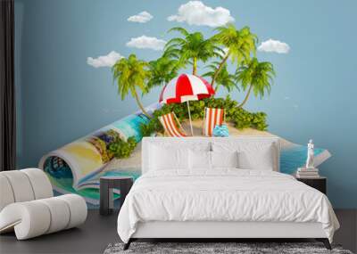 Deck chairs on a sand beach Wall mural