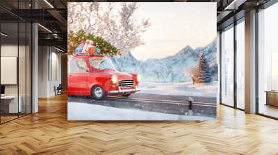 Santa claus in Cute car with decorated christmas tree on top goes by wonderful countryside road. Wall mural