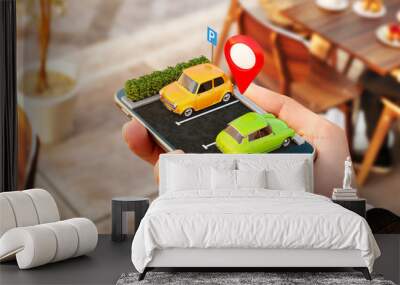 Smartphone application for online searching free parking place on the map. GPS Navigation. Parking concept Wall mural