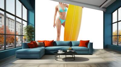 Unusual 3d illustration of a beautiful slender female with surfboard on a tropical island at the ocean. Summertime. Traveling and vacation concept Wall mural