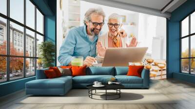 Senior couple using laptop at home for video call, shopping ,reading news Wall mural