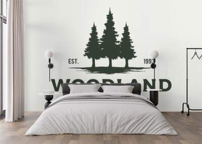 Rustic Retro Vintage Woodland, Evergreen, Pines, Spruce, Cedar trees logo design Wall mural