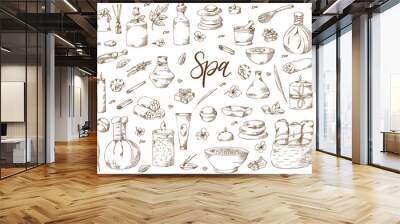 spa treatment. hand drawn elements on white background. healthcare and beauty template for salon. ve Wall mural