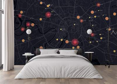 Smart city. Big data map. Urban data analysis. City clusters big data. Citizens activity hotspots. Futuristic monitoring technology background. Wall mural